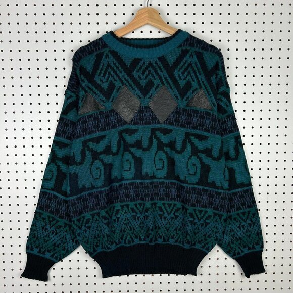 Chunky Teal Hip Hop Knit Sweater Size Large Grandpa 90s Streetwear Abstract Art - Picture 1 of 6